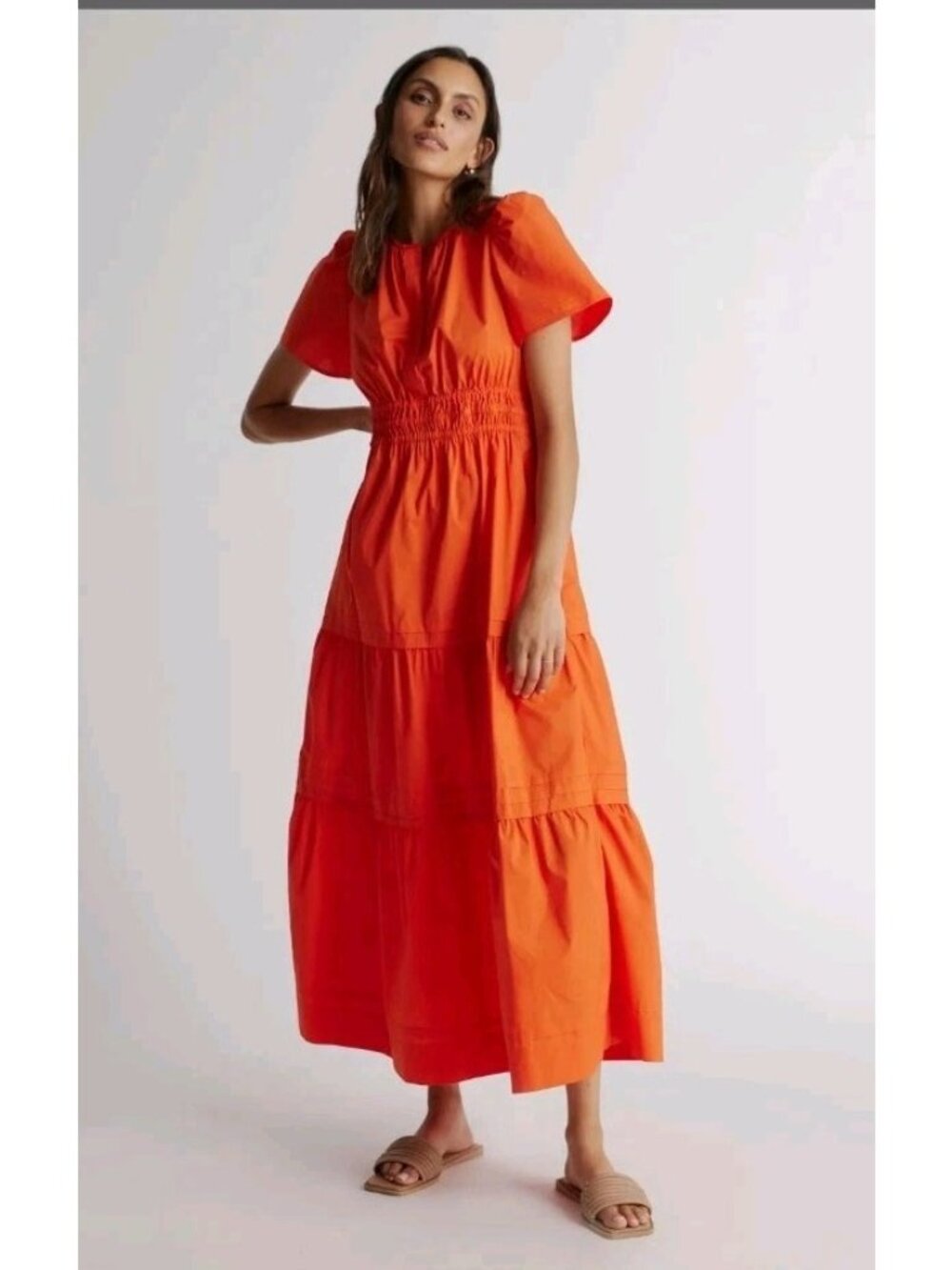 Quince Poplin Tiered Maxi Dress Short Sleeves Organic Cotton Orange Small Boho